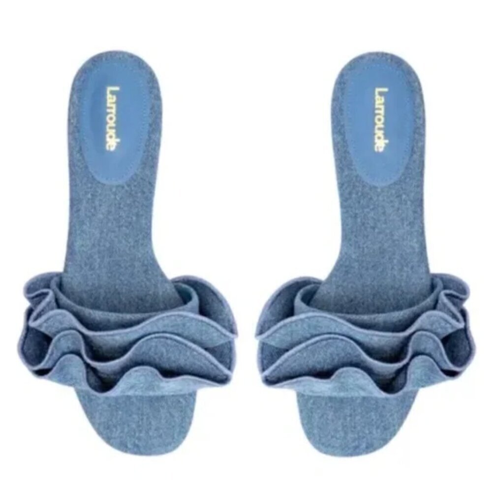 NEW Larroudé Ivy Ruffle Flat Mule Sandal In Blue Denim Size 9